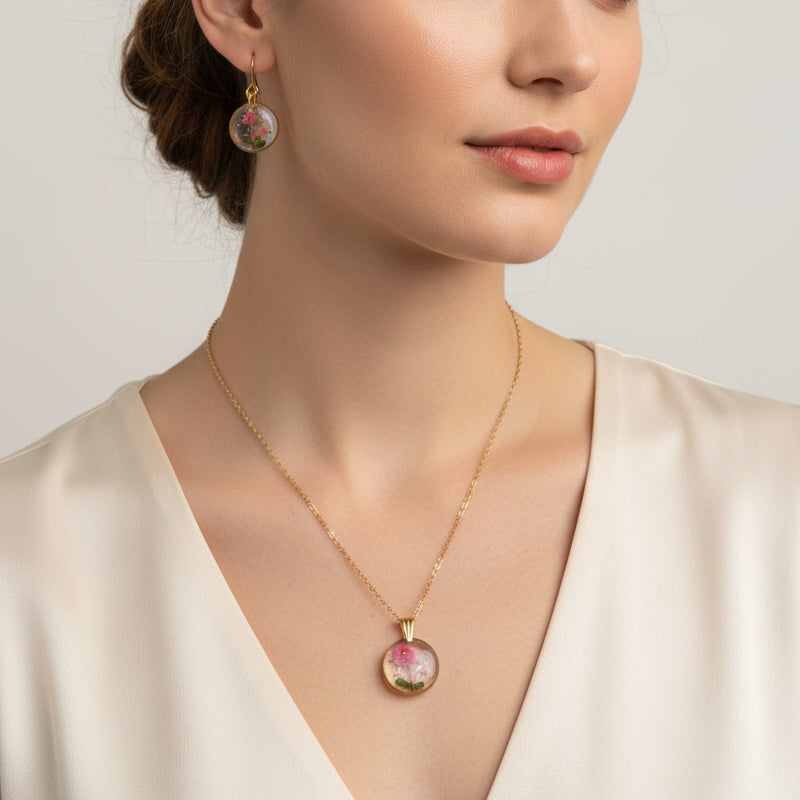 Handmade Real Pressed Flower Jewelry Set | Pink Floral Resin Necklace & Earrings | Romantic Gift for Her