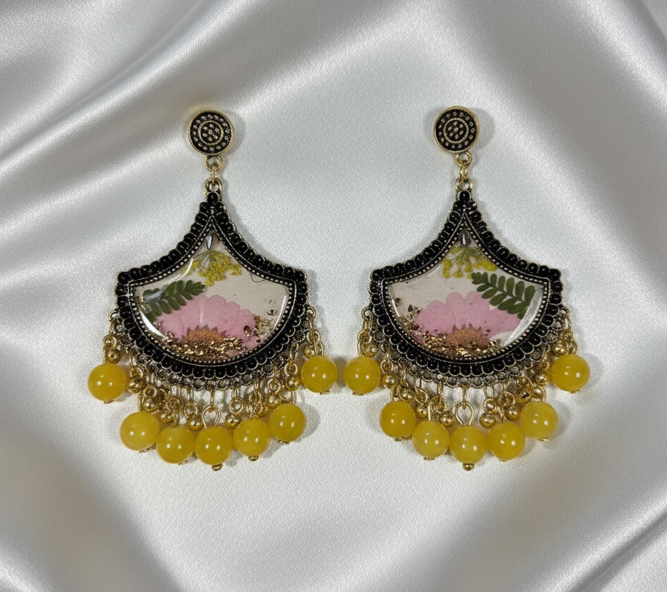 Ethnic Black & Gold Jhumka Chandelier Earrings | Pink Pressed Flower Inlay & Bright Yellow Bead Dangles