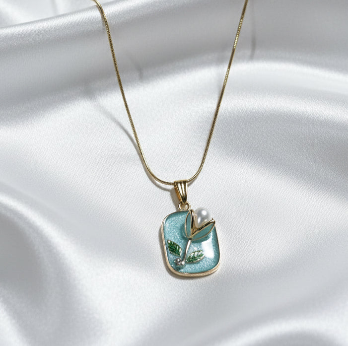 Rectangular Enamel Flower Necklace – Gold Snake Chain