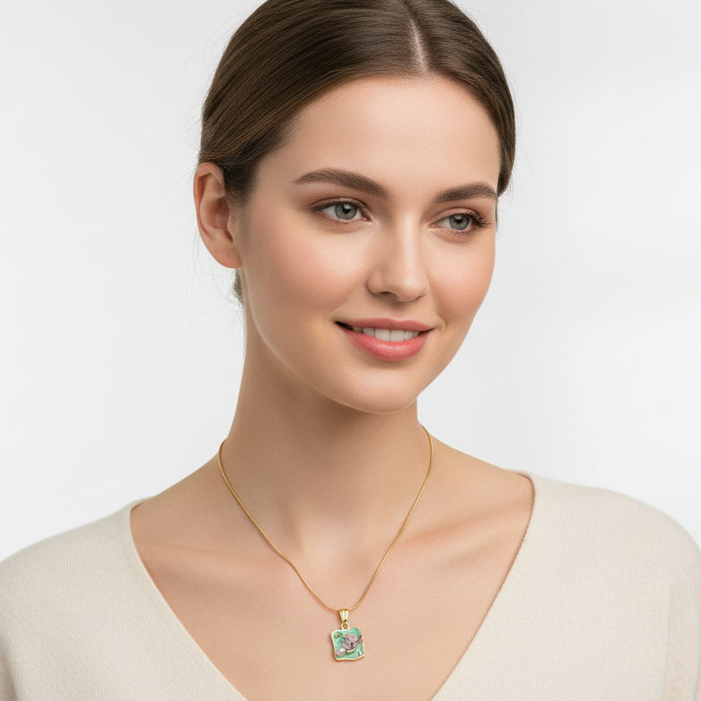 Enchanted Garden Lotus Necklace – Mint Green Enamel & Pearl Pendant – Gold Snake Chain