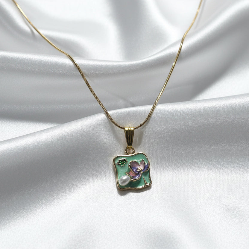 Enchanted Garden Lotus Necklace – Mint Green Enamel & Pearl Pendant – Gold Snake Chain
