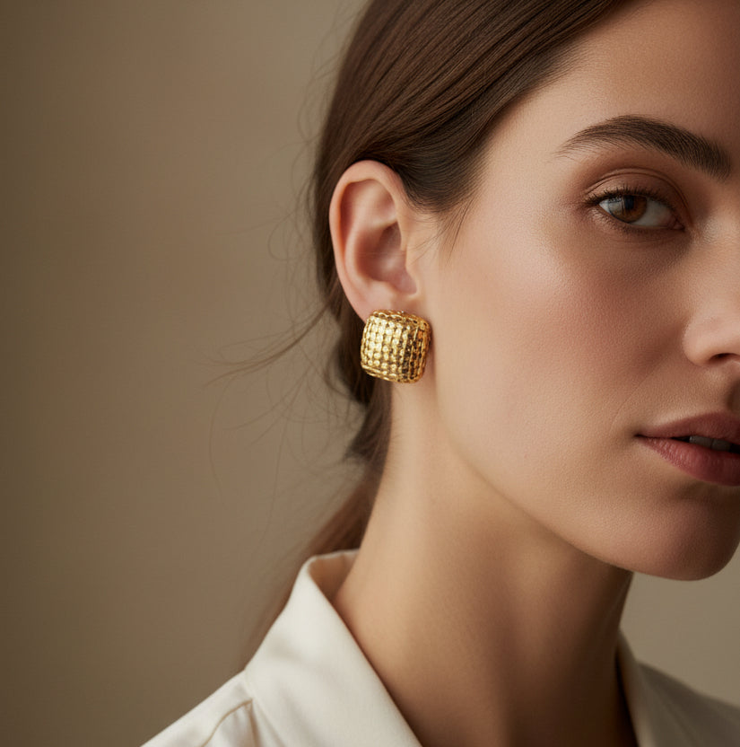 Vintage-Inspired Gold Woven Basketweave Stud Earrings