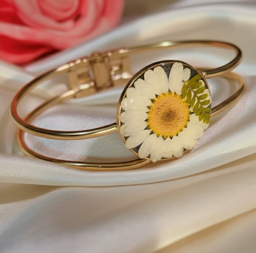 Real White Daisy & Fern Resin Bangle | Gold Statement Cuff