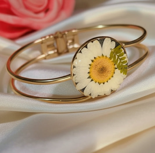 Real White Daisy & Fern Resin Bangle | Gold Statement Cuff