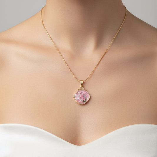 Pink Coquette Aesthetic Round Enamel Pendant – Gold Snake Chain Floral Charm