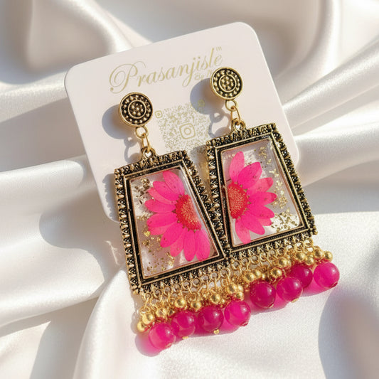 Hot Pink Pressed Flower Statement Earrings | Gold Leaf Terrarium Rectangles with Fuchsia Beaded Fringe