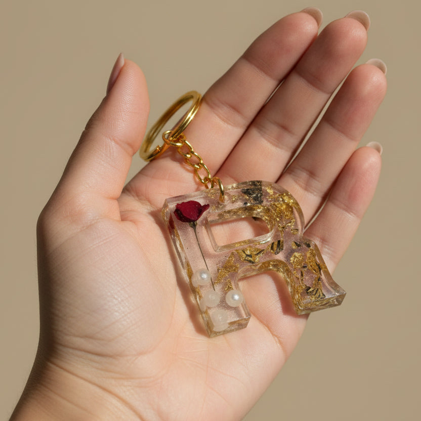 Handcrafted Resin Letter "R" Keychain with Red Rose and Gold foil– Personalized Romantic Gift