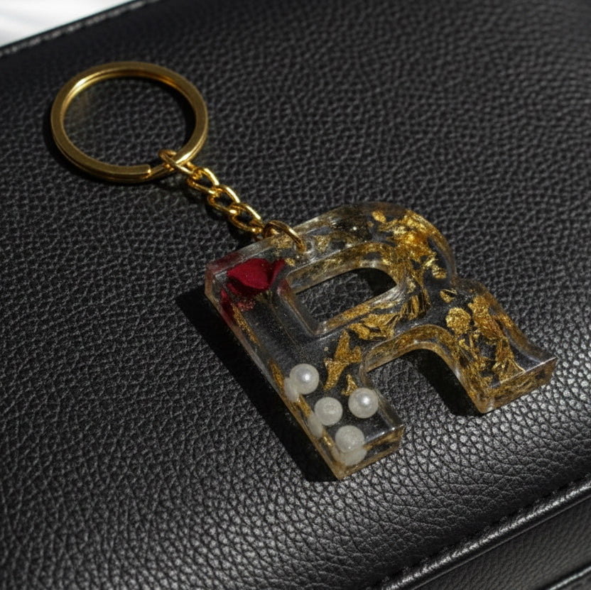 Handcrafted Resin Letter "R" Keychain with Red Rose and Gold foil– Personalized Romantic Gift