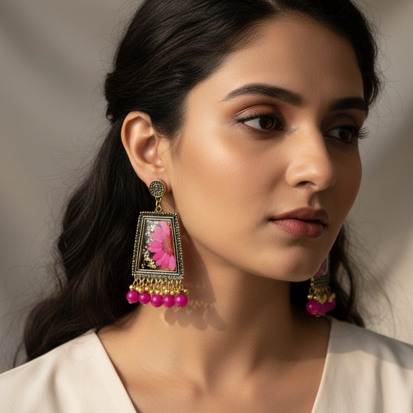 Hot Pink Pressed Flower Statement Earrings | Gold Leaf Terrarium Rectangles with Fuchsia Beaded Fringe