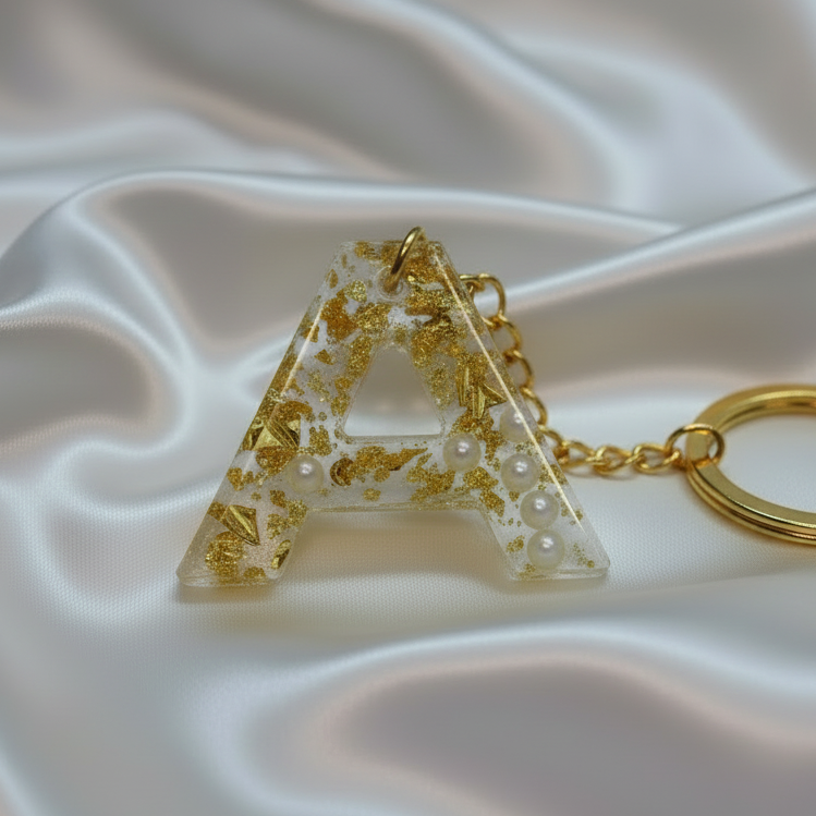 Handcrafted Resin Letter "R" Keychain with Red Rose and Gold foil– Personalized Romantic Gift
