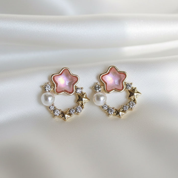 Y2K Fairy-core Star Hoop Studs | Pearl & Crystal Dainty Earrings