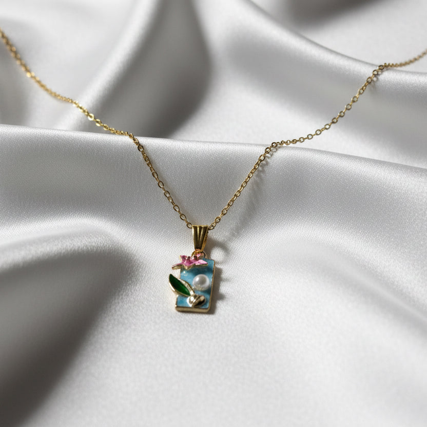 Vintage-Style Gold Rectangular Enamel Charm Necklace – Floral & Pearl Detail