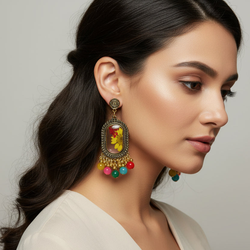 Bohemian Resin Flower Drop Earrings | Jhumka Style with Colorful Gemstone Drops