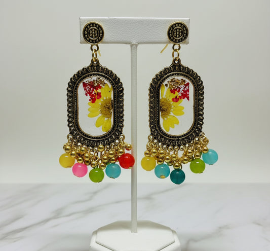 Bohemian Resin Flower Drop Earrings | Jhumka Style with Colorful Gemstone Drops