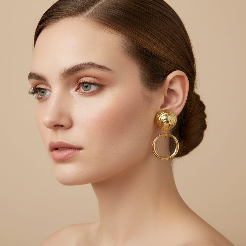 Textured Hammered Ball Drop Hoop Earrings | Gold & Silver Tones