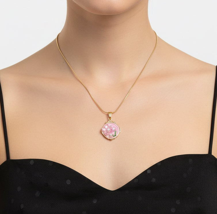 Pink Coquette Aesthetic Round Enamel Pendant – Gold Snake Chain Floral Charm