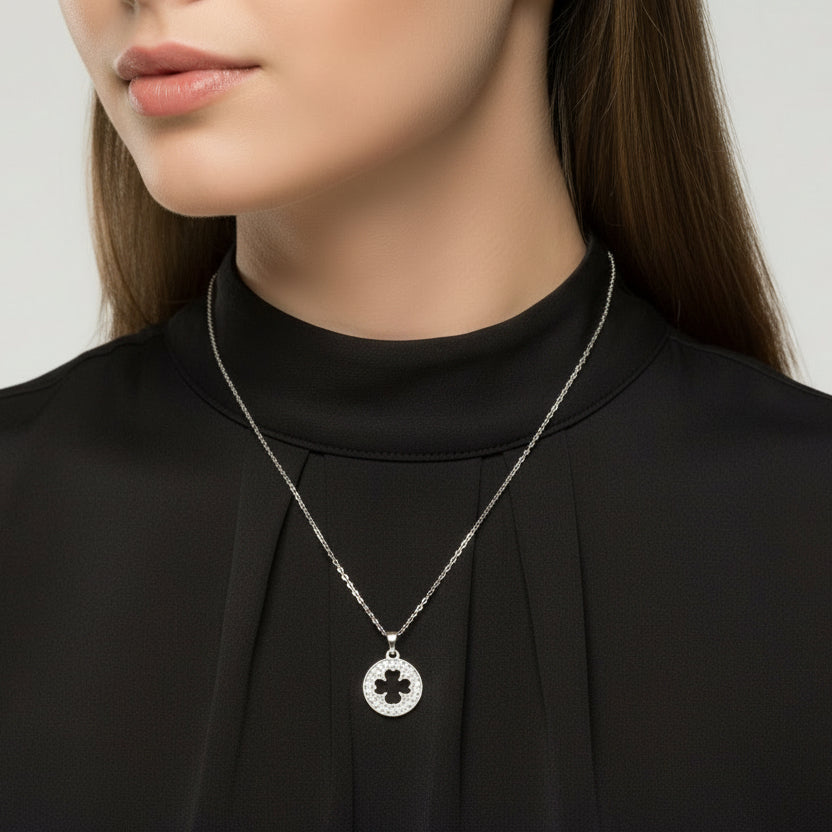Sparkling Four-Leaf Clover Luck Pendant Necklace in Silver Tone