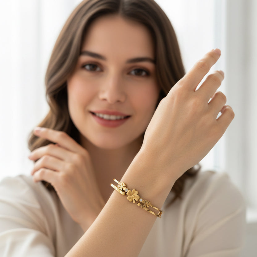 Triple Clover Gold Layered Bangle – Lucky Charm Bracelet