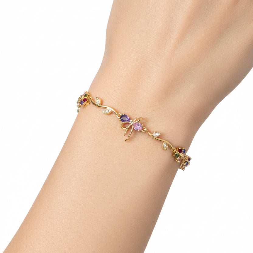 Multicolored Crystal Butterfly & Floral Vine Facelet - Gold-Tone Finish