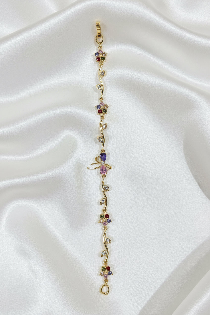 Multicolored Crystal Butterfly & Floral Vine Facelet - Gold-Tone Finish