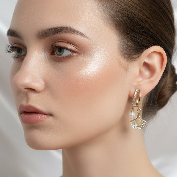 Elegant Gold-Tone Drop Earrings with Champagne Shell Charm and Pearl Detail – Korean Design