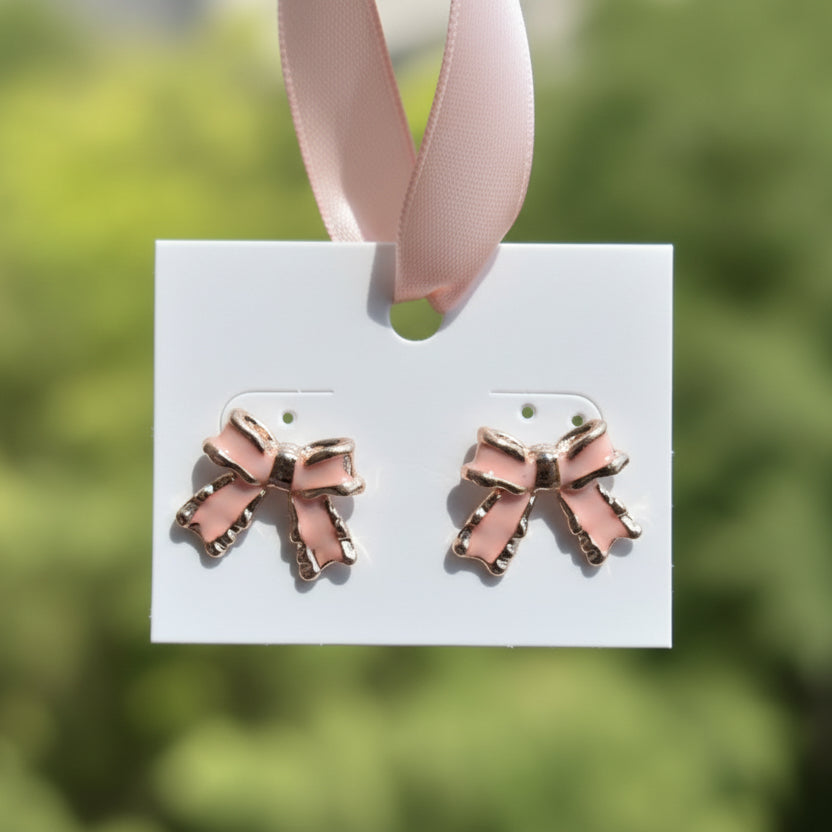 Rose Gold & Peach Pink Enamel Bow Stud Earrings – Cute Coquette Style
