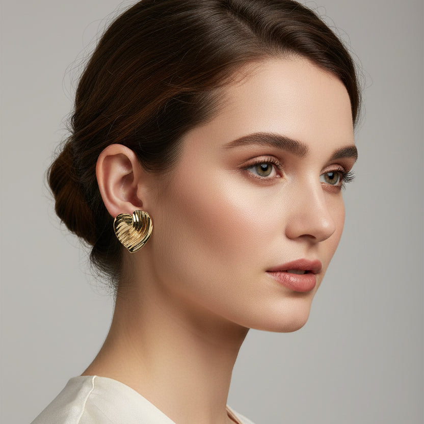 Vintage-Inspired Ribbed Gold Heart Stud Earrings