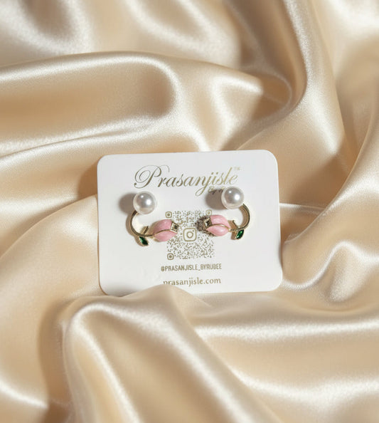 Pearl Stud with Pink Tulip Drop Earrings - Elegant Floral Design