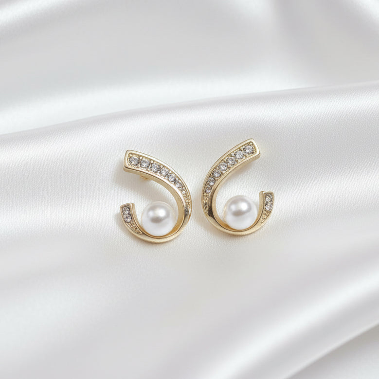 Elegant Gold-Toned Pearl Drop Earrings with Crystal Accents