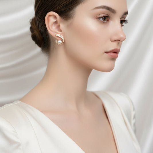 Elegant Gold-Toned Pearl Drop Earrings with Crystal Accents