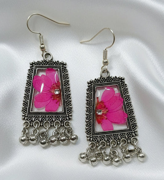 Real Pressed Flower Earrings in Intricate Silver-Tone Frame with Ghungroo Bells