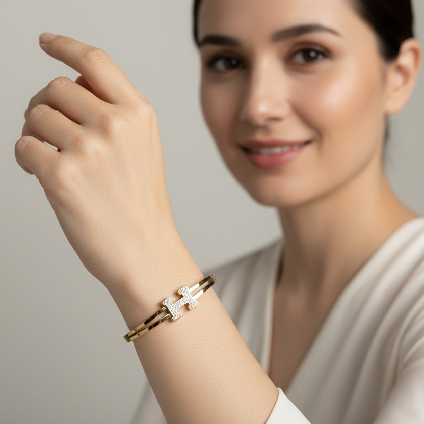 Gold Plated Crystal "H" Motif Bangle | Double Band Designer Style Bracelet | Tarnish-Free Stainless Steel