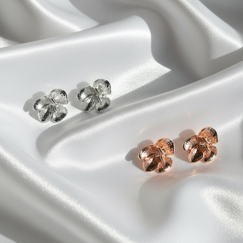 Metallic Flower Bloom Studs Rose Gold & Silver Petal Earrings