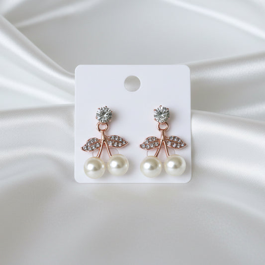 Sparkling Crystal Cherry Drop Earrings with Moon-White Baubles