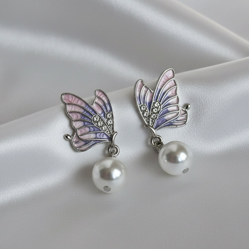 Enamel Butterfly Pearl Drop Earrings | Colorful Monarch Wings Jewelry