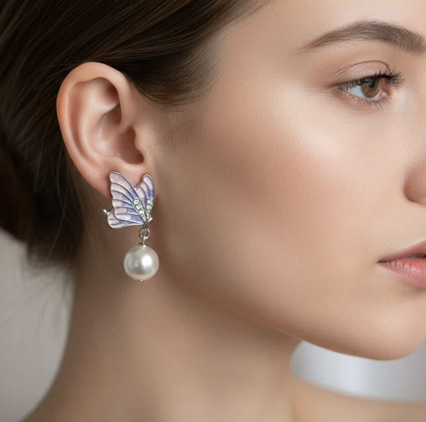 Enamel Butterfly Pearl Drop Earrings | Colorful Monarch Wings Jewelry