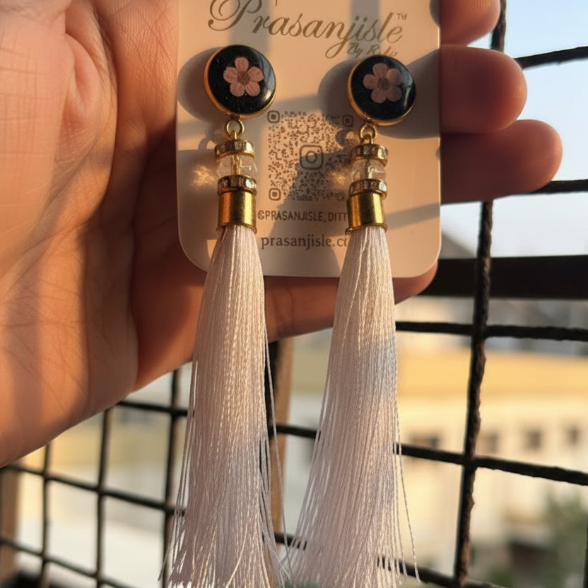 Artisanal White Long Tassel Drop Earrings with Floral Resin Accents