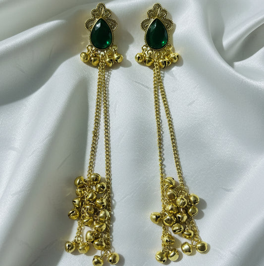 Traditional Kashmiri Long-Chain Jhumka with Emerald