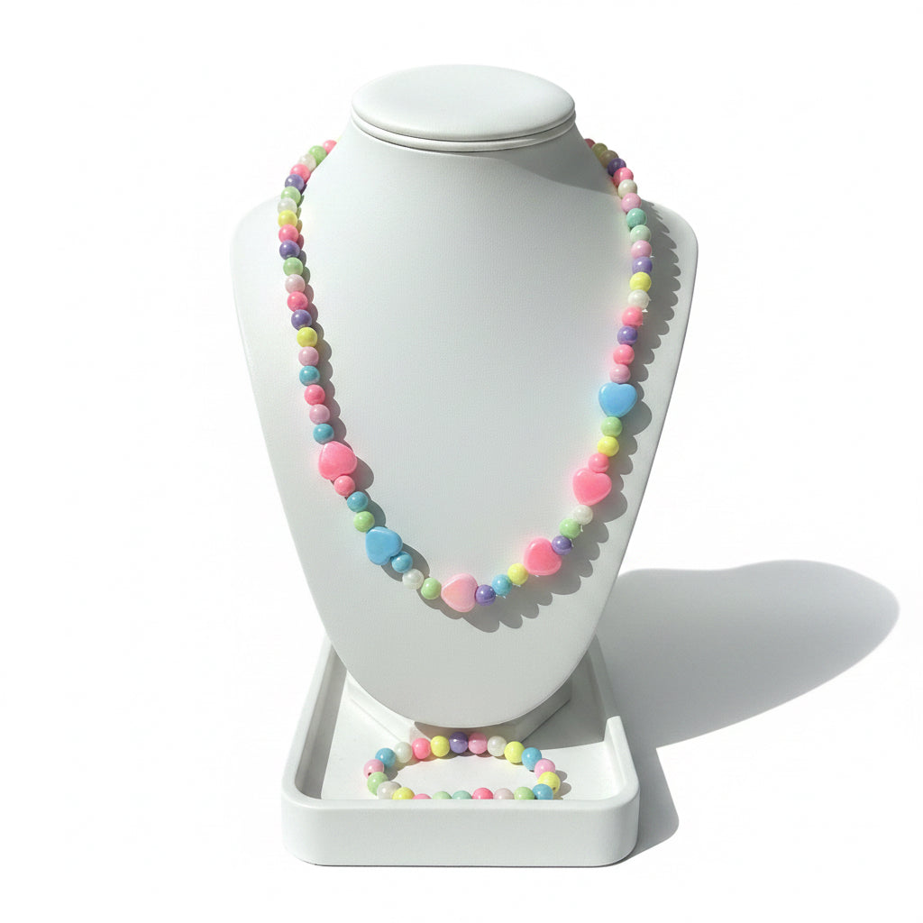 Magical Pastel Heart Jewelry Set | Bead Necklace & Bracelet for Creative Kids