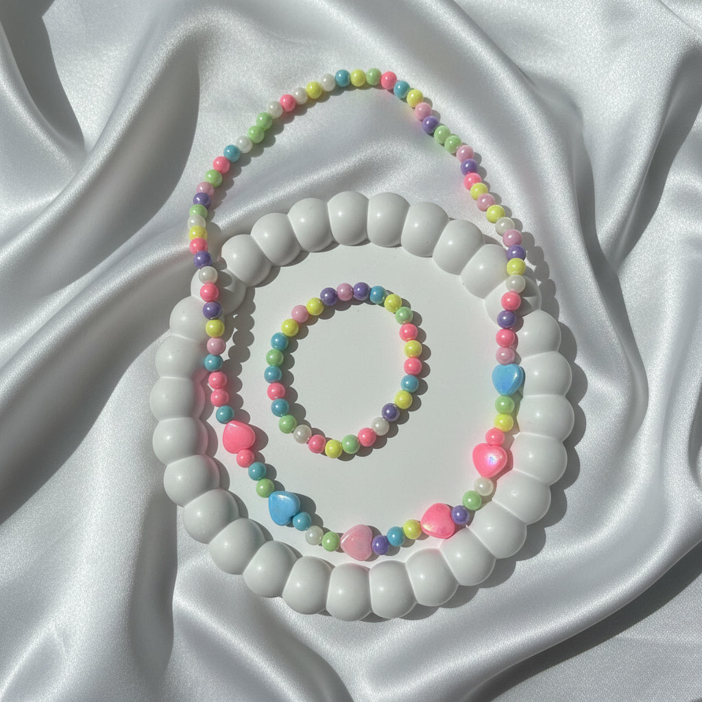 Magical Pastel Heart Jewelry Set | Bead Necklace & Bracelet for Creative Kids