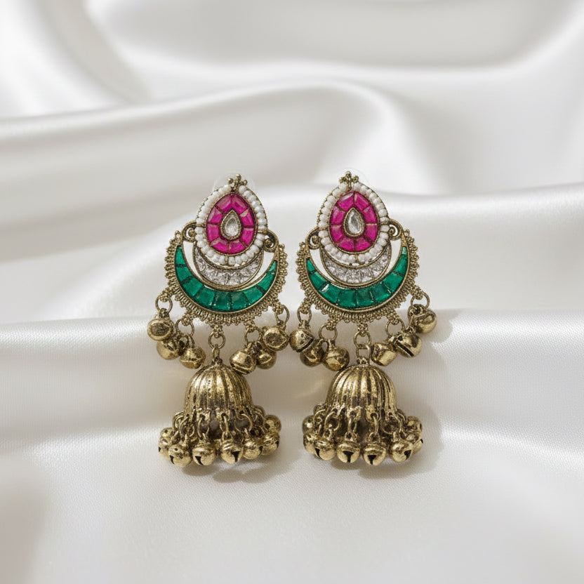 Traditional Chandbali Jhumkas with Kundan Work and Ghungroo Drops