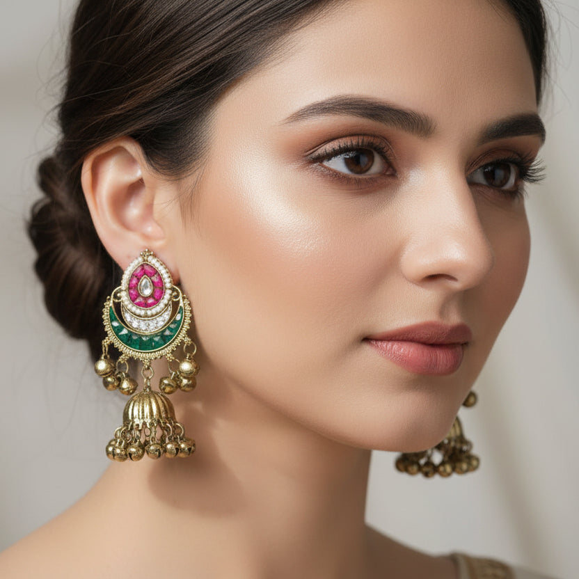 Traditional Chandbali Jhumkas with Kundan Work and Ghungroo Drops