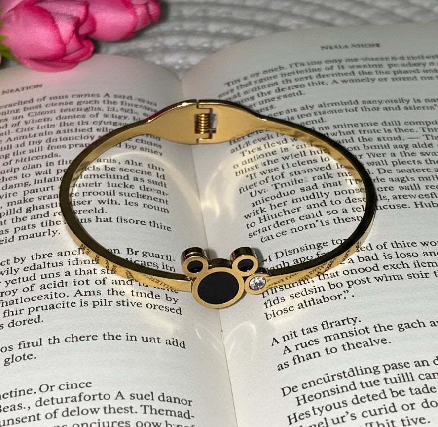 Elegant Gold Mickey Mouse- Black Enamel & Crystal Accent Bracelet (Free size)
