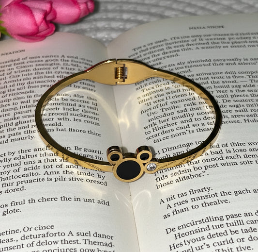 Elegant Gold Mickey Mouse- Black Enamel & Crystal Accent Bracelet (Free size)