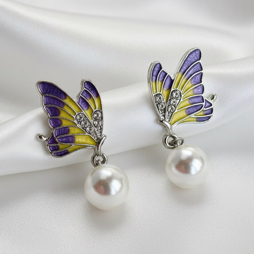 Enamel Butterfly Pearl Drop Earrings | Colorful Monarch Wings Jewelry