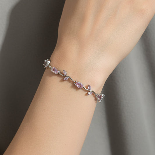 Rose Blossom Vine Bracelet – Delicate Pink Crystal & Silver Tones