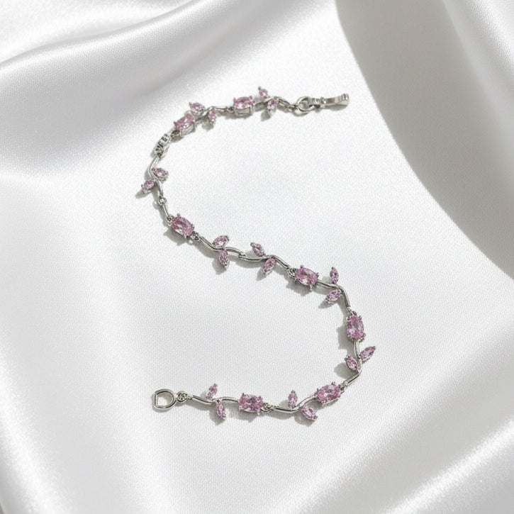 Rose Blossom Vine Bracelet – Delicate Pink Crystal & Silver Tones