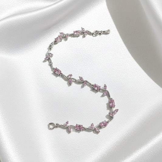 Rose Blossom Vine Bracelet – Delicate Pink Crystal & Silver Tones