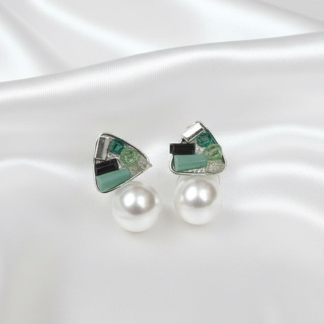 Green Crystal Mosaic Triangular Earrings with Large Pearl Accent