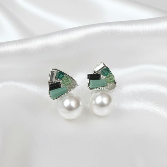 Green Crystal Mosaic Triangular Earrings with Large Pearl Accent